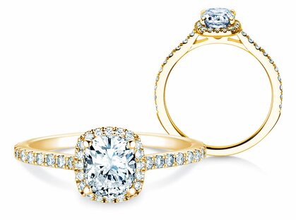 Bague de fiançailles Halo Cushion Pavé en 14K or jaune avec diamants 0,50ct G/SI