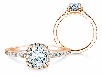 Bague de fiançailles Halo Cushion Pavé en 14K or rose avec diamants 0,50ct G/SI